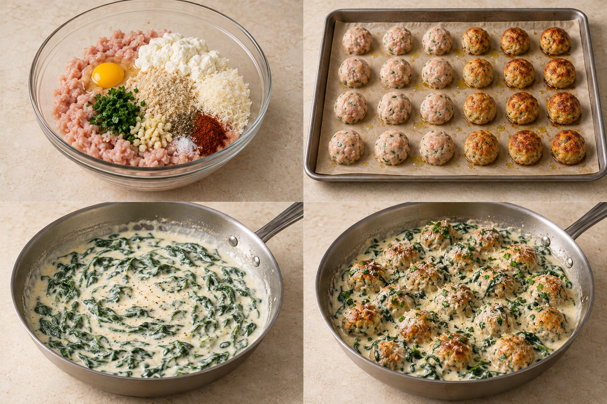 Four chronological preparation stages for Southern Style Baked Chicken Ricotta Meatballs with Spinach Alfredo