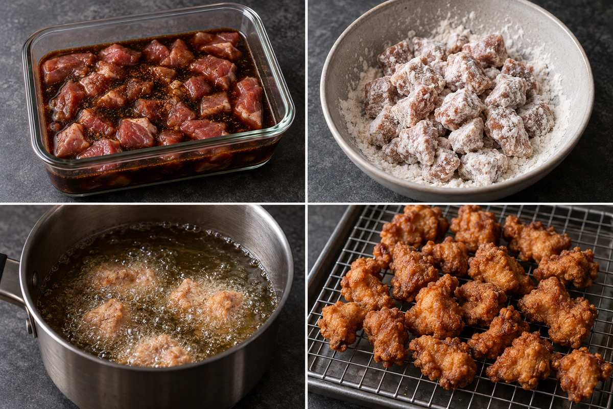 Four chronological preparation stages for Sweet And Sour Pork