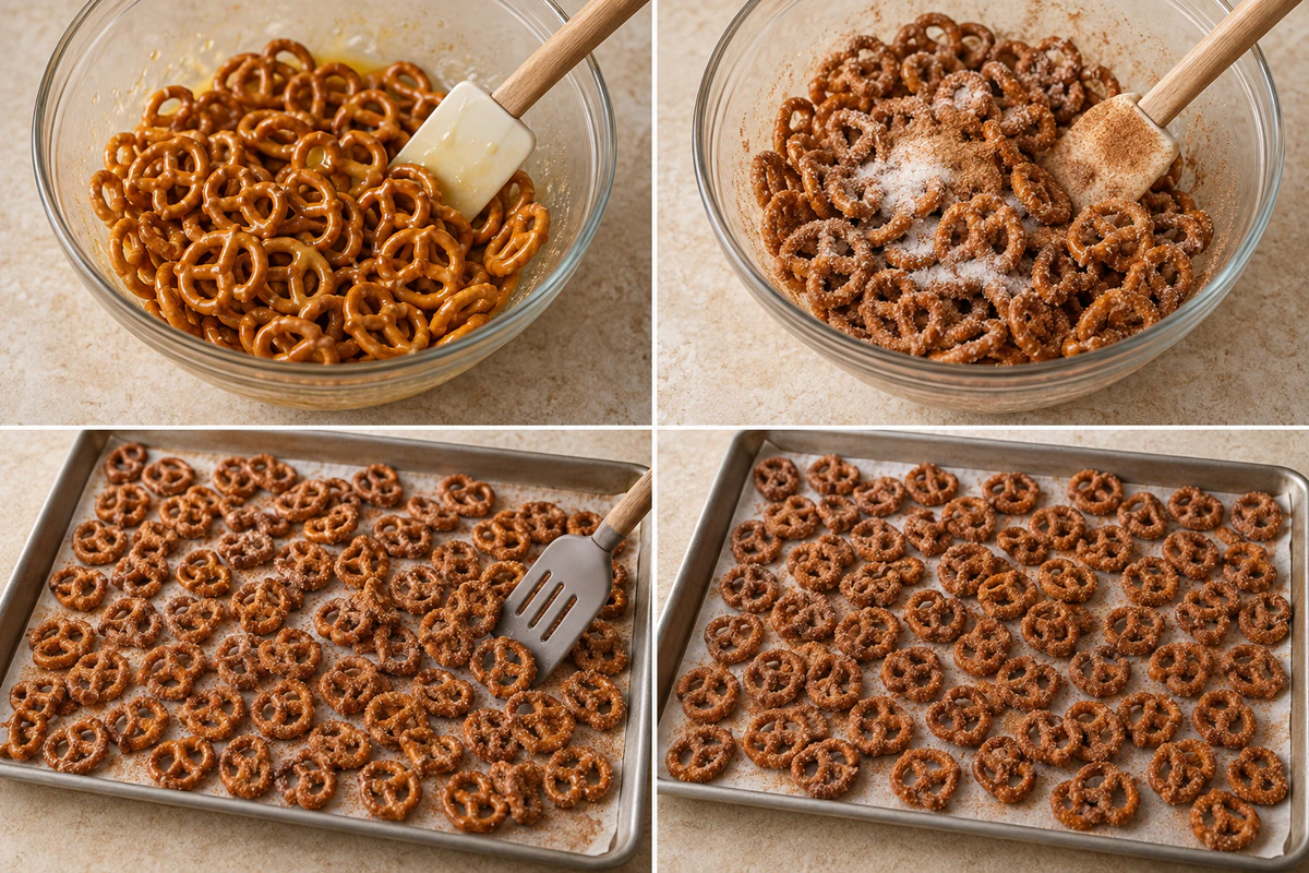 Four chronological preparation stages for Cinnamon Sugar Pretzels