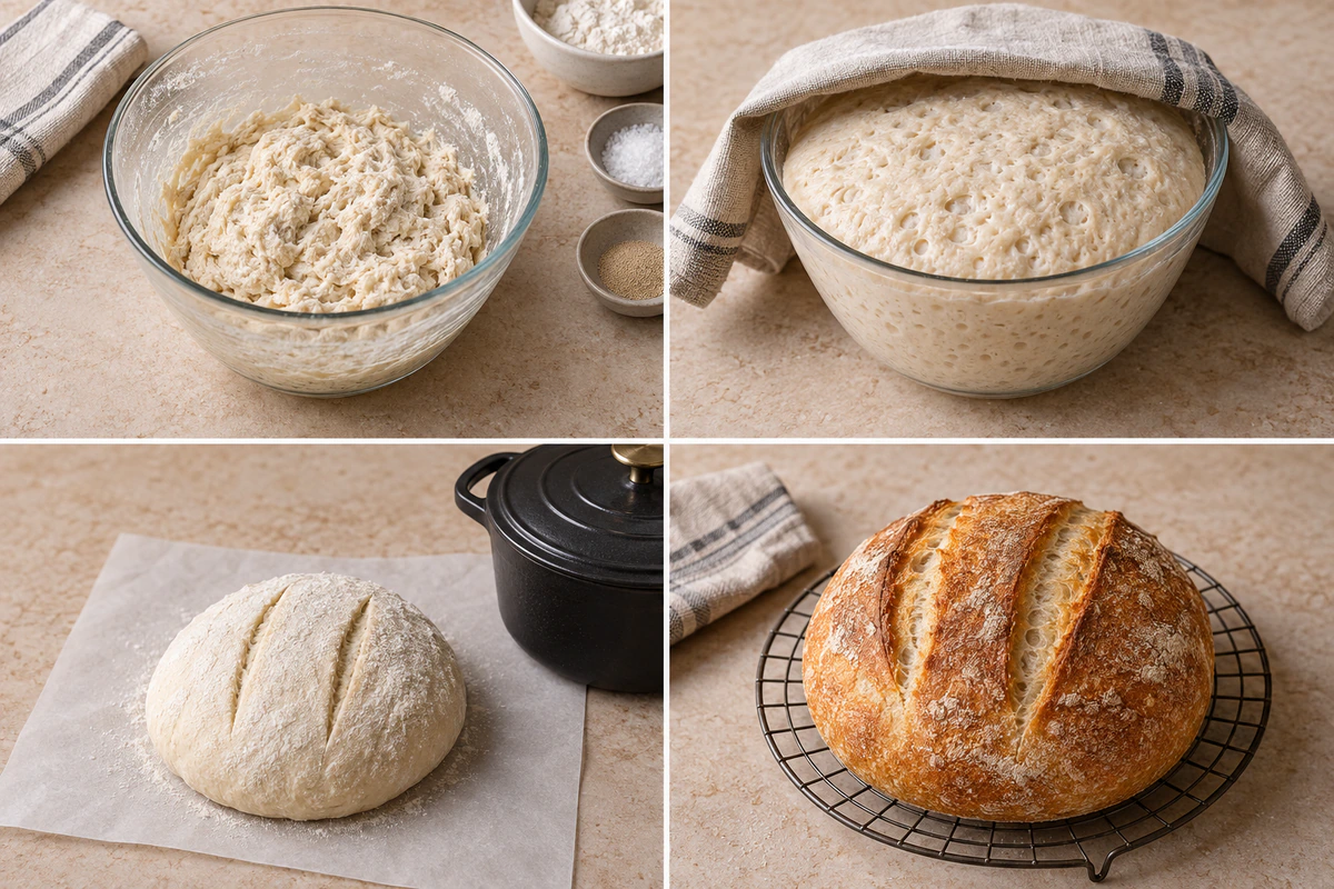 Four chronological preparation stages for Easy Homemade Bread