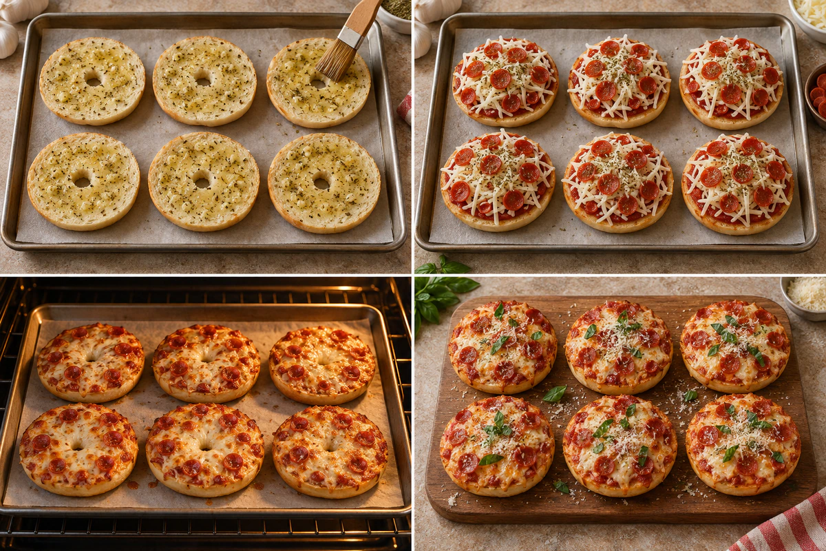 Four chronological preparation stages for Giant Pizza Bagels