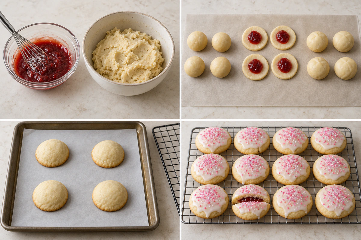 Four chronological preparation stages for Strawberry Pop Tart Cookies