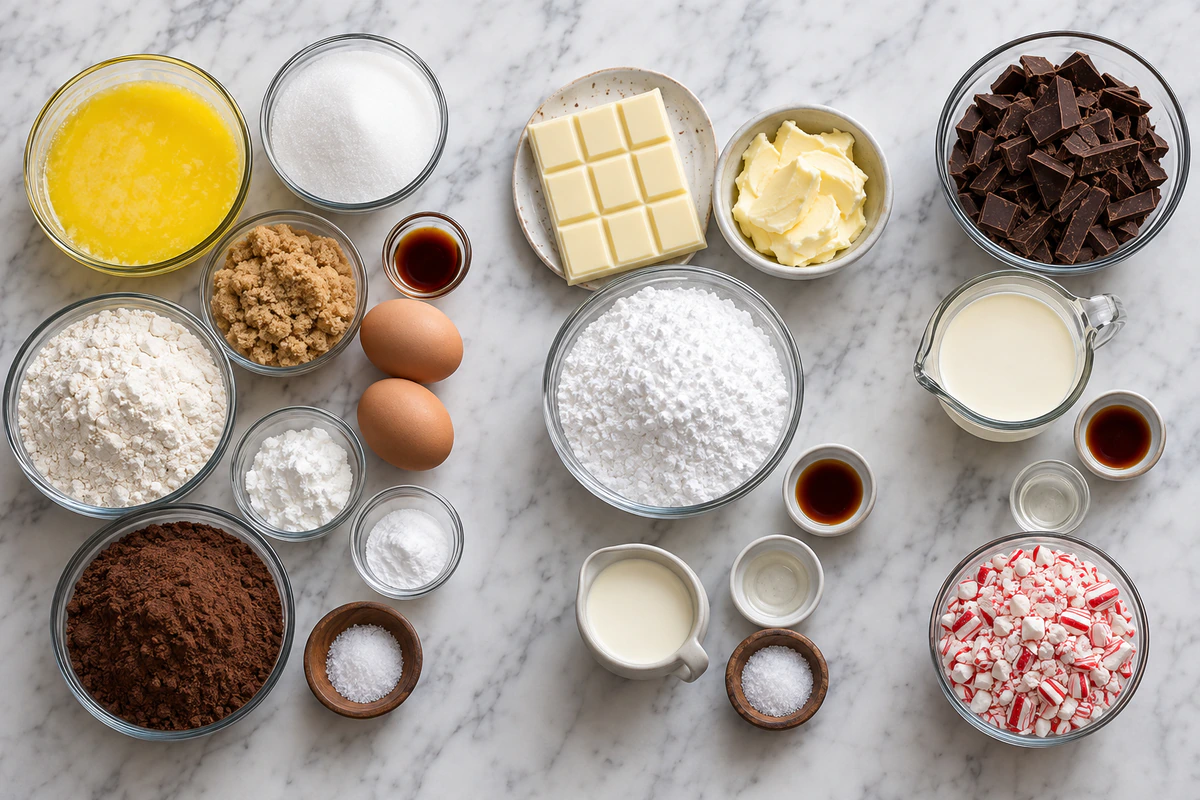 Exact measured ingredients for White Chocolate Peppermint Bark Cookies