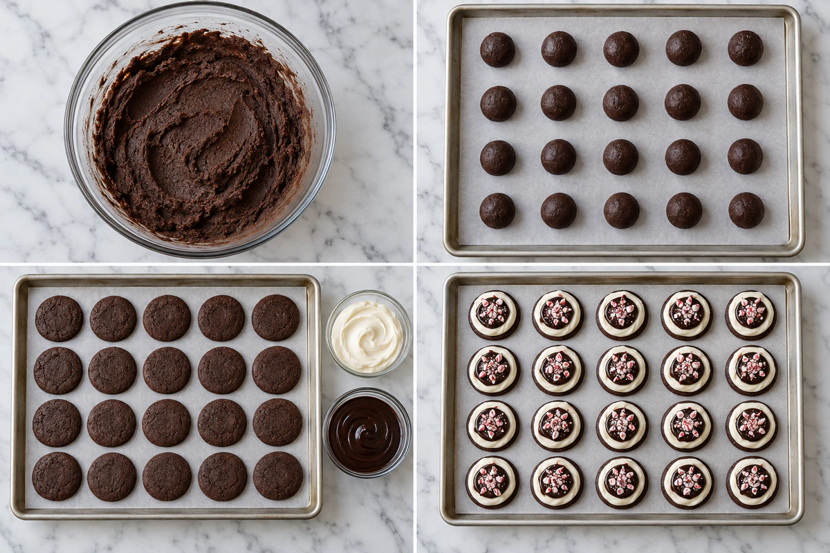 Four chronological preparation stages for White Chocolate Peppermint Bark Cookies