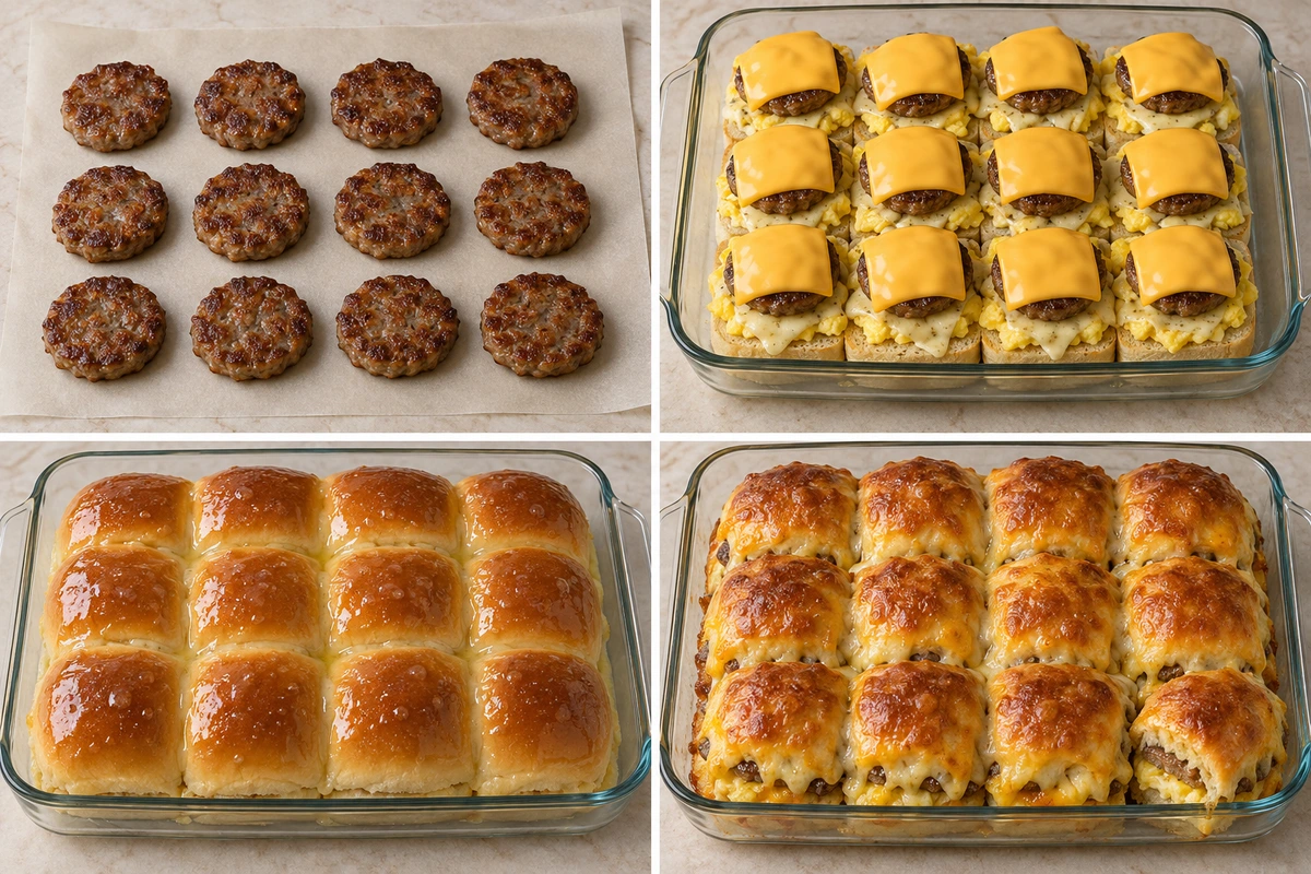 Four chronological preparation stages for Sausage Egg and Cheese Breakfast Sliders