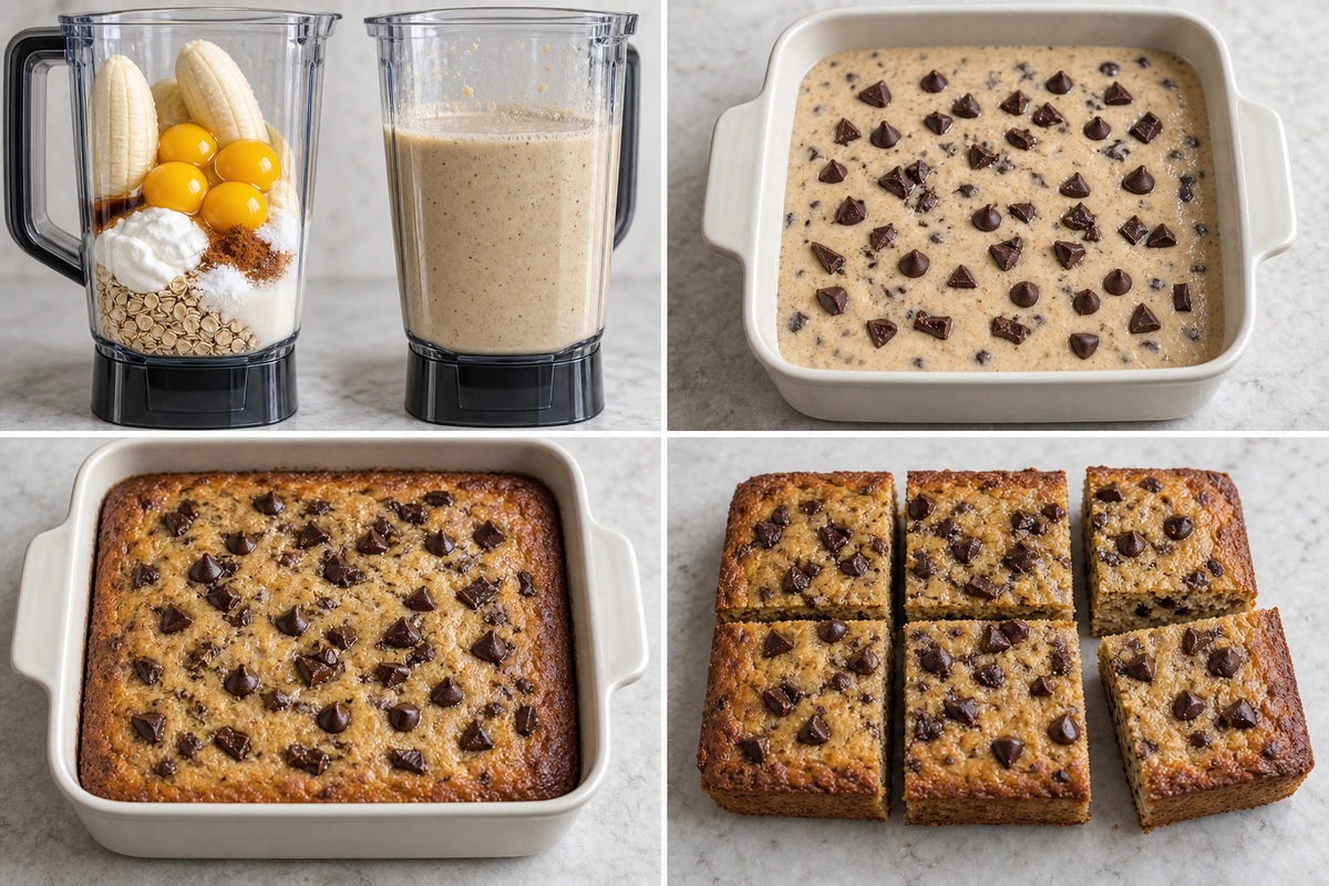 Four chronological preparation stages for Gluten Free Banana Pancake Bake