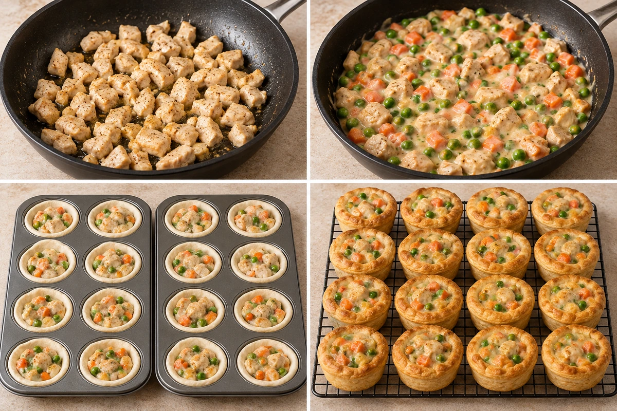 Four chronological preparation stages for Mini Chicken Pot Pies