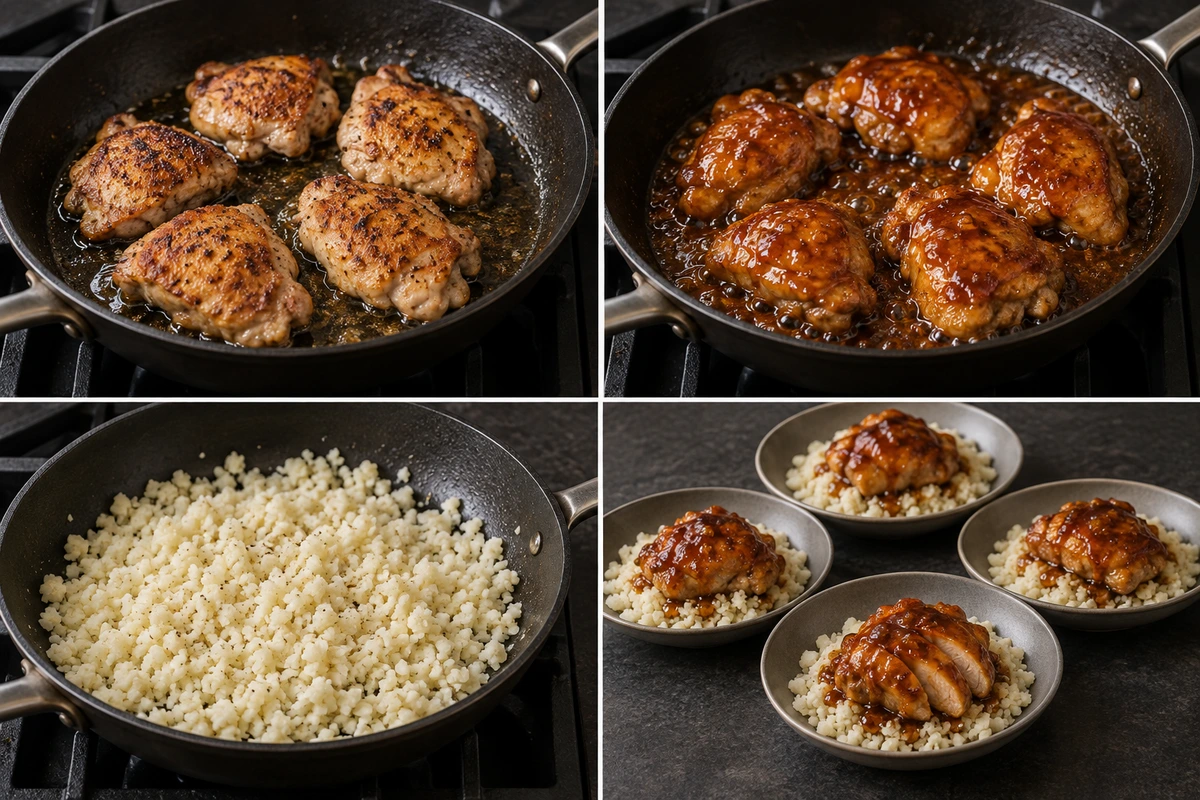 Four chronological preparation stages for Sweet and Sticky 3 Ingredient Apricot Chicken with Cauliflower Rice