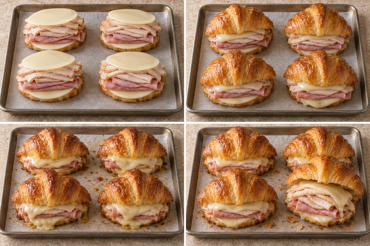 Four chronological preparation stages for Turkey & Ham Croissant Melts