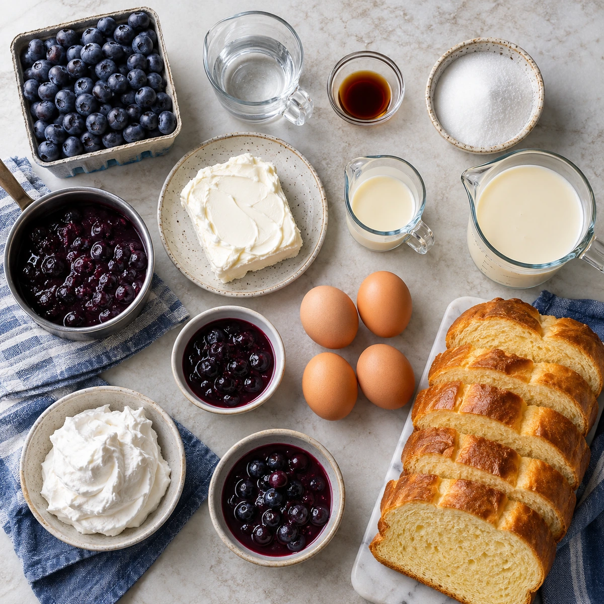 Exact measured ingredients for Blueberry Cream Cheese Stuffed French Toast