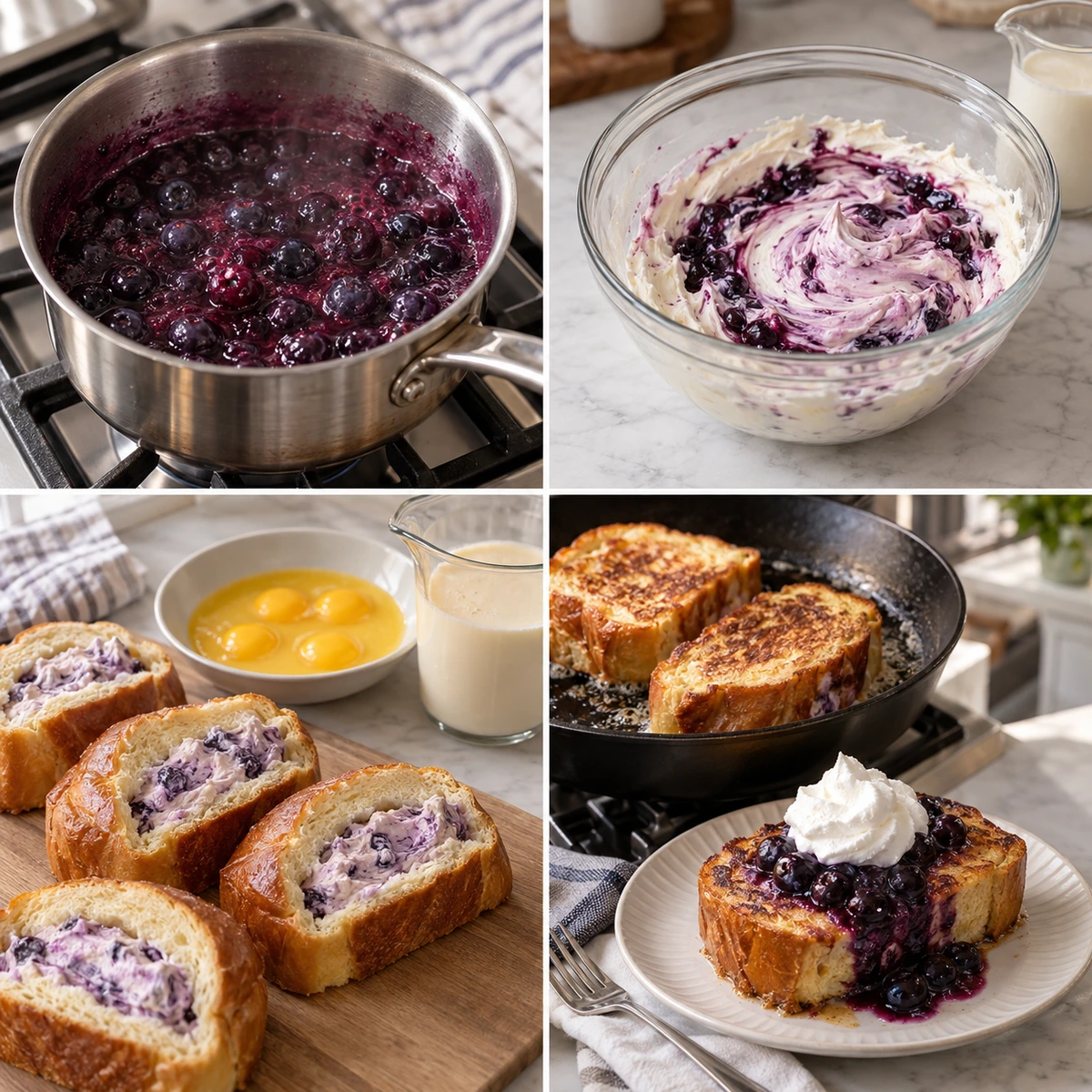 Four chronological preparation stages for Blueberry Cream Cheese Stuffed French Toast