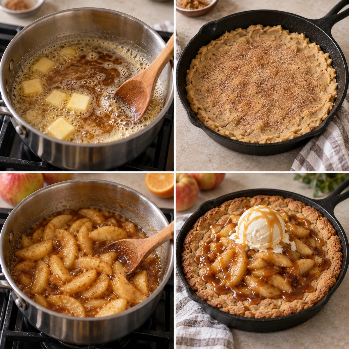 Four chronological preparation stages for Caramel Apple Cookie Skillet
