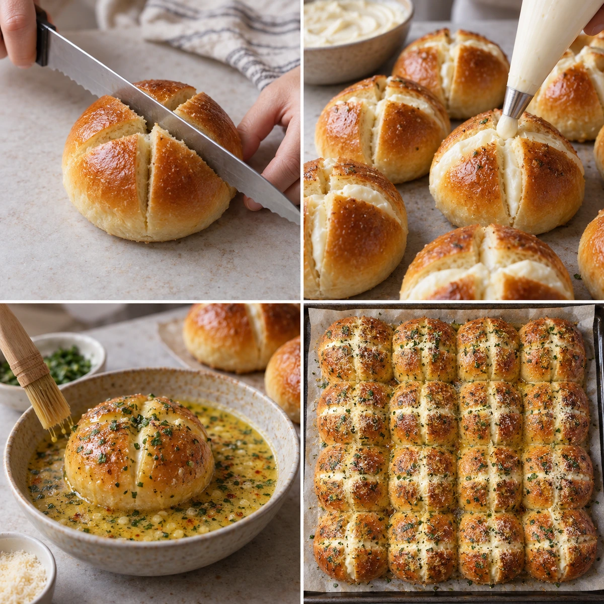 Four chronological preparation stages for Korean Cream Cheese Garlic Buns