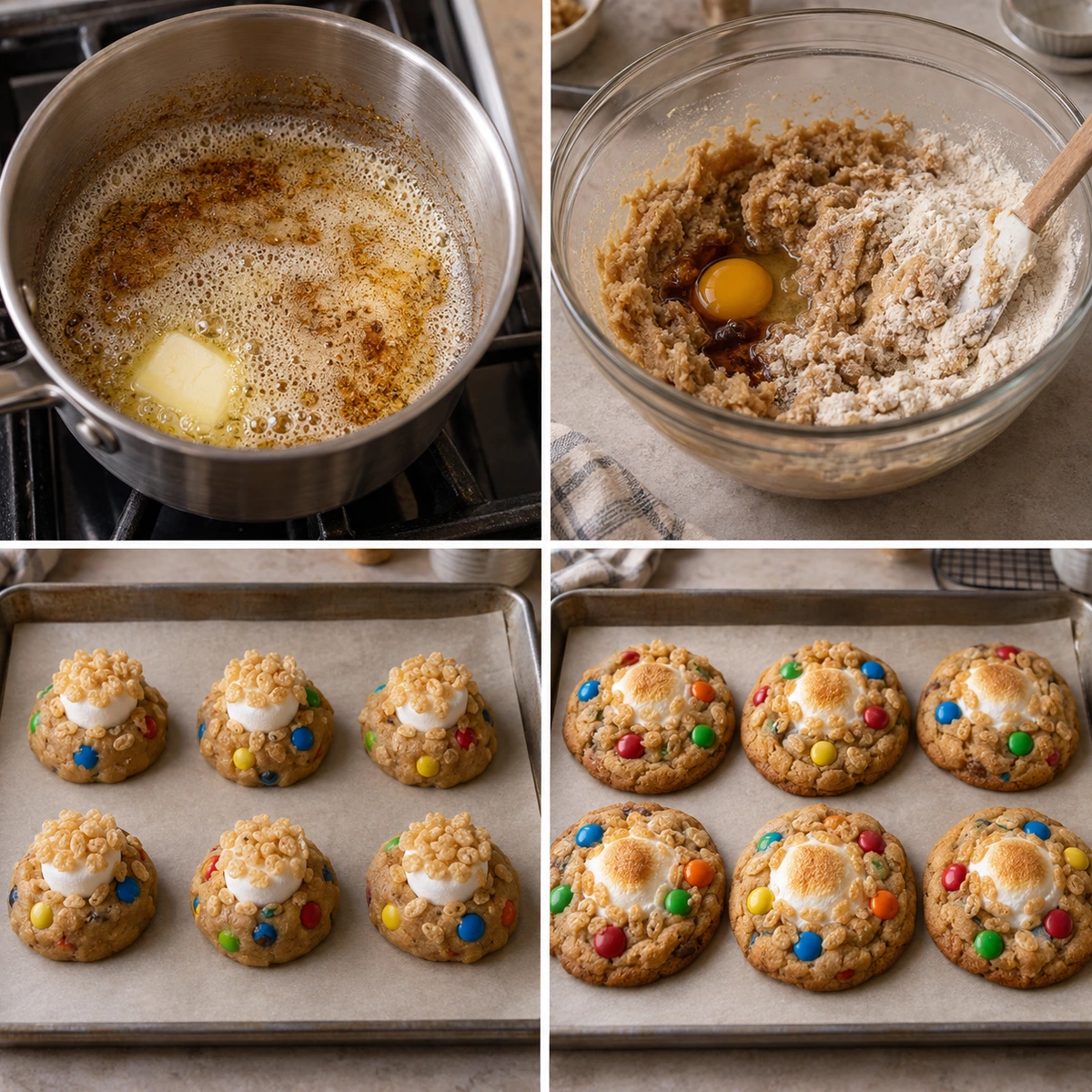 Four chronological preparation stages for M&M Rice Krispies Cookies