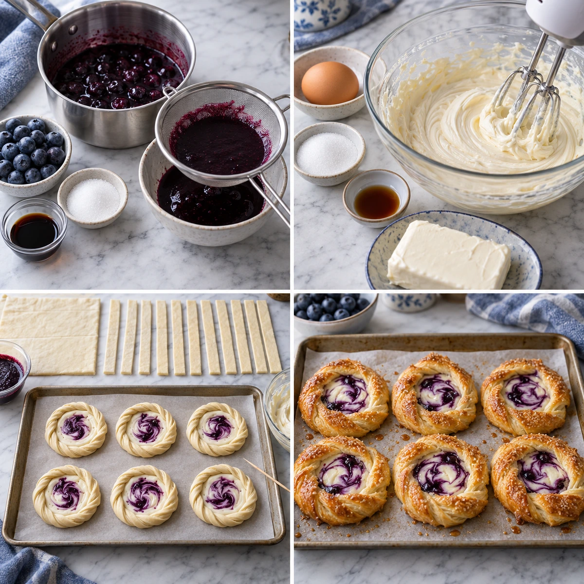 Four chronological preparation stages for Swirled Blueberry Cream Cheese Danish