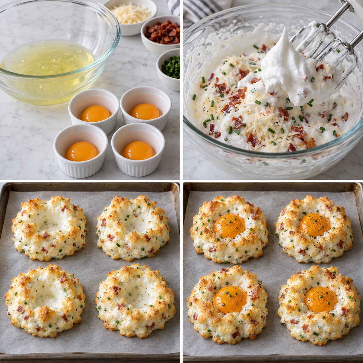Four chronological preparation stages for Bacon Parmesan & Chive Egg Clouds
