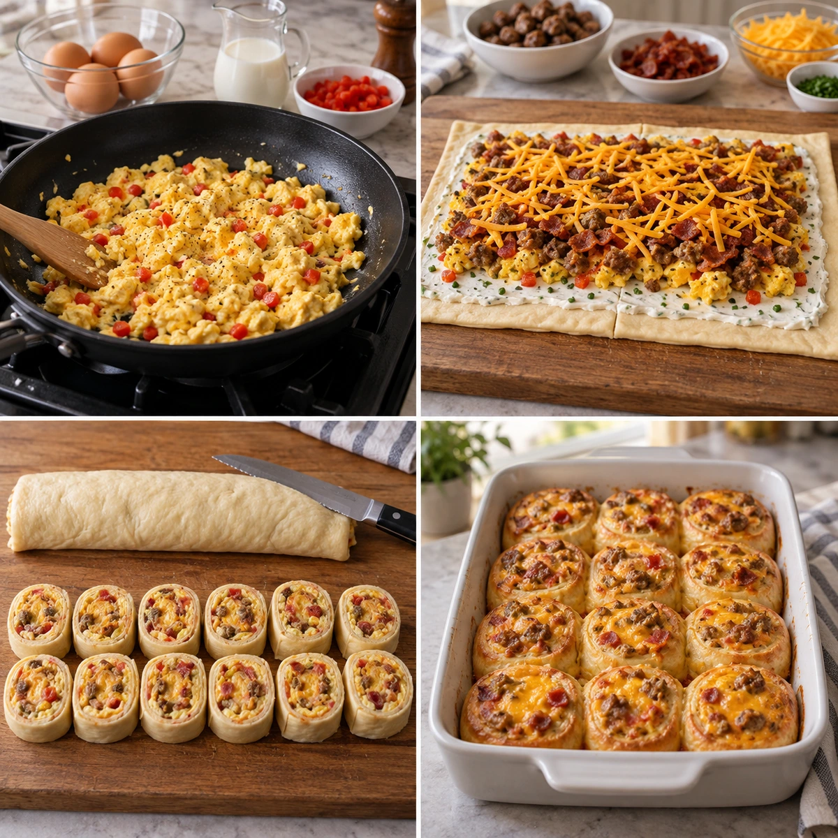 Four chronological preparation stages for Breakfast Rolls