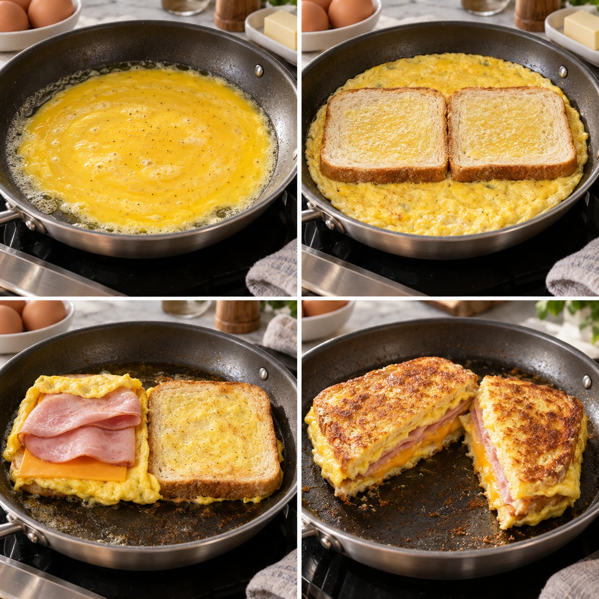 Four chronological preparation stages for Egg and Ham Breakfast Sandwich