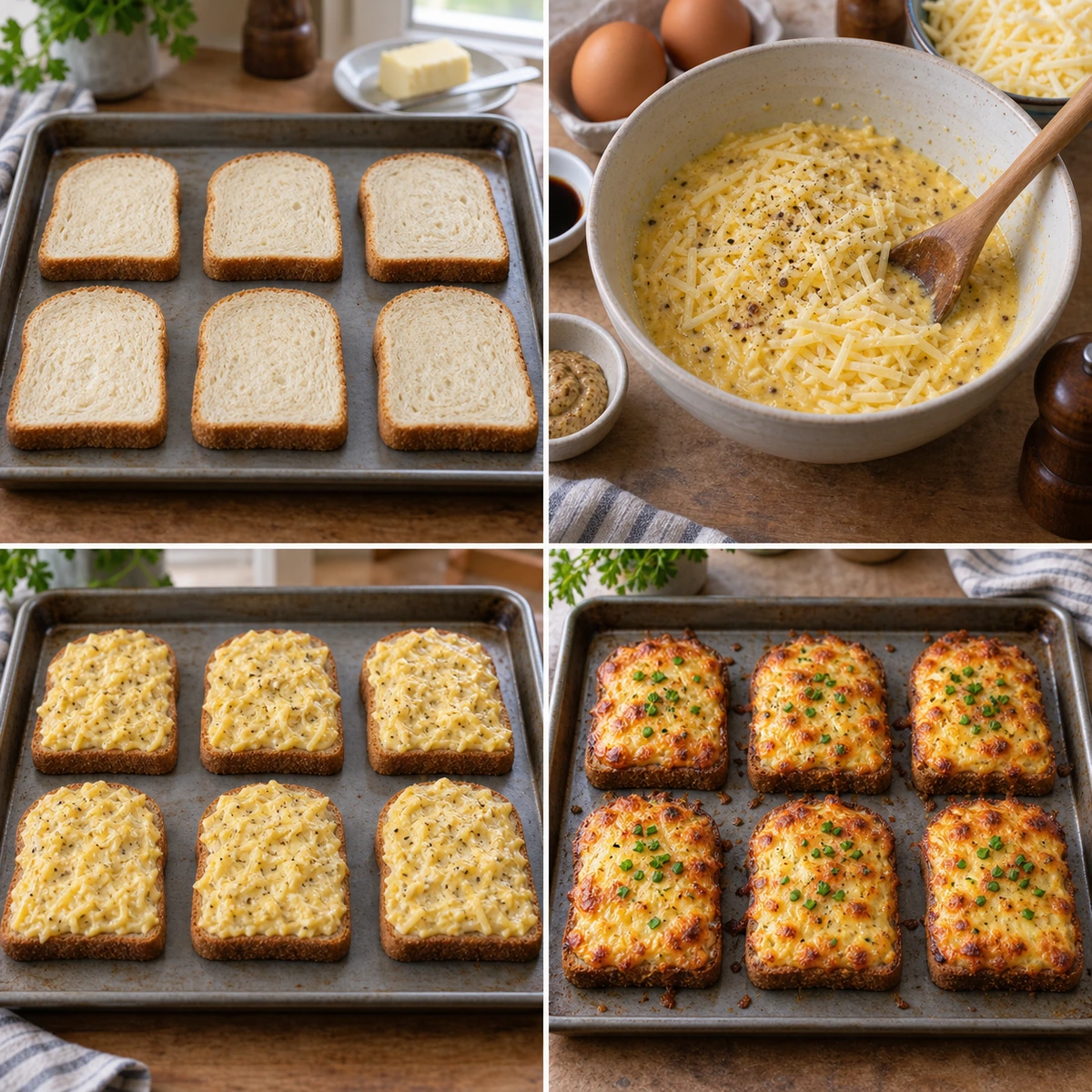 Four chronological preparation stages for Irish Cheese Toastie