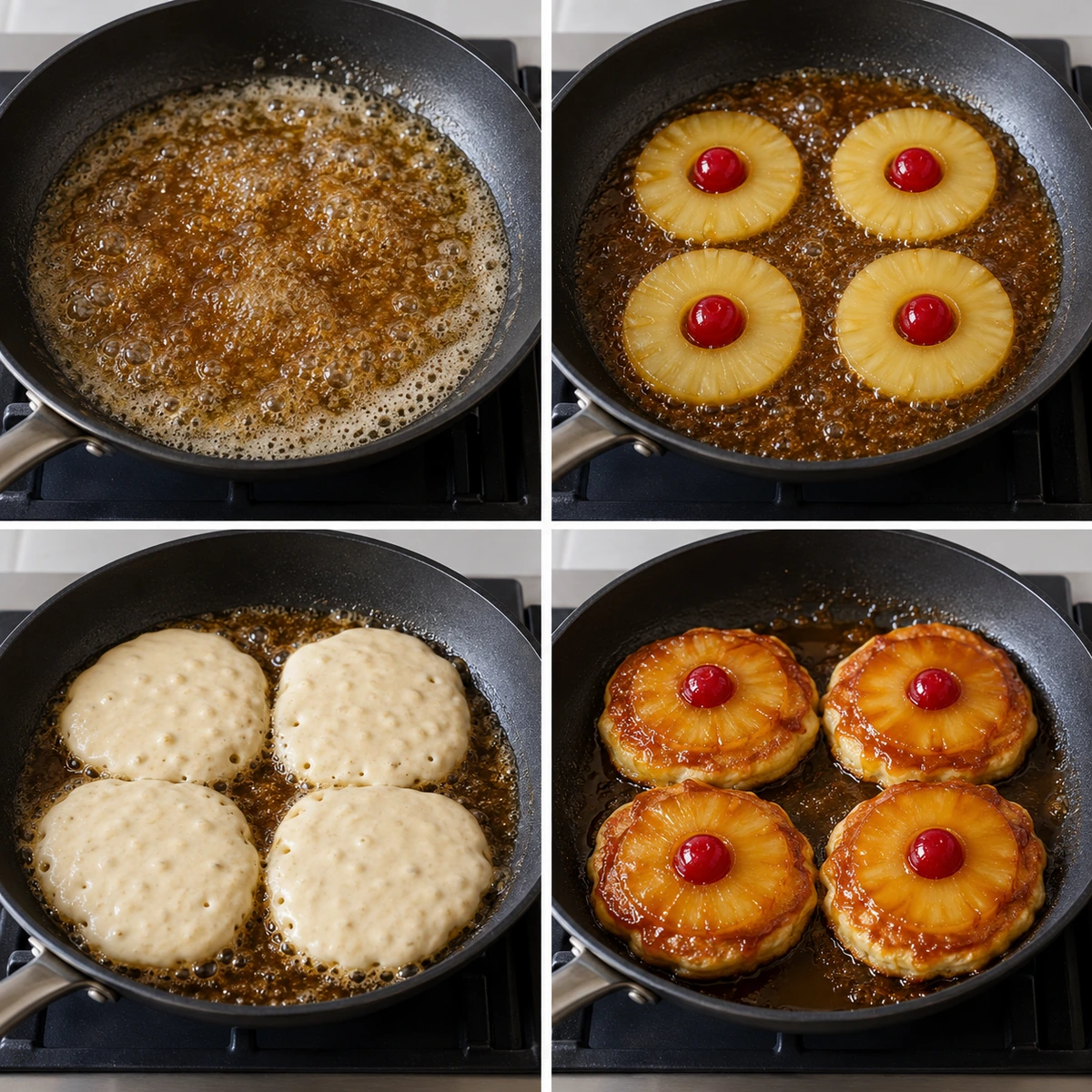 Four chronological preparation stages for Pineapple Upside-Down Pancakes