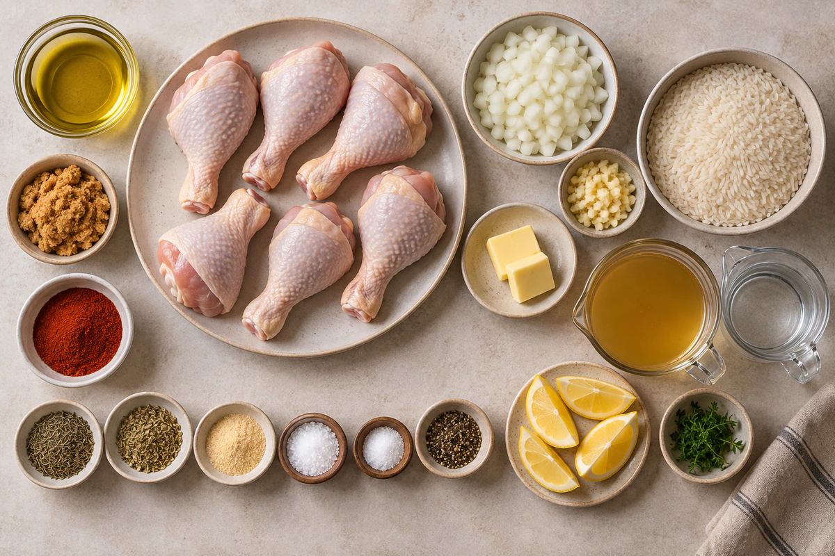 Exact measured ingredients for Baked Chicken Legs and Rice
