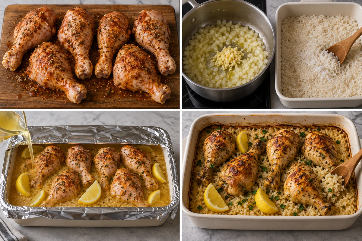 Four chronological preparation stages for Baked Chicken Legs and Rice