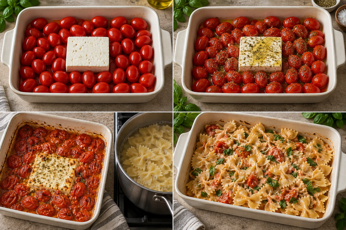 Four chronological preparation stages for Baked Feta Pasta