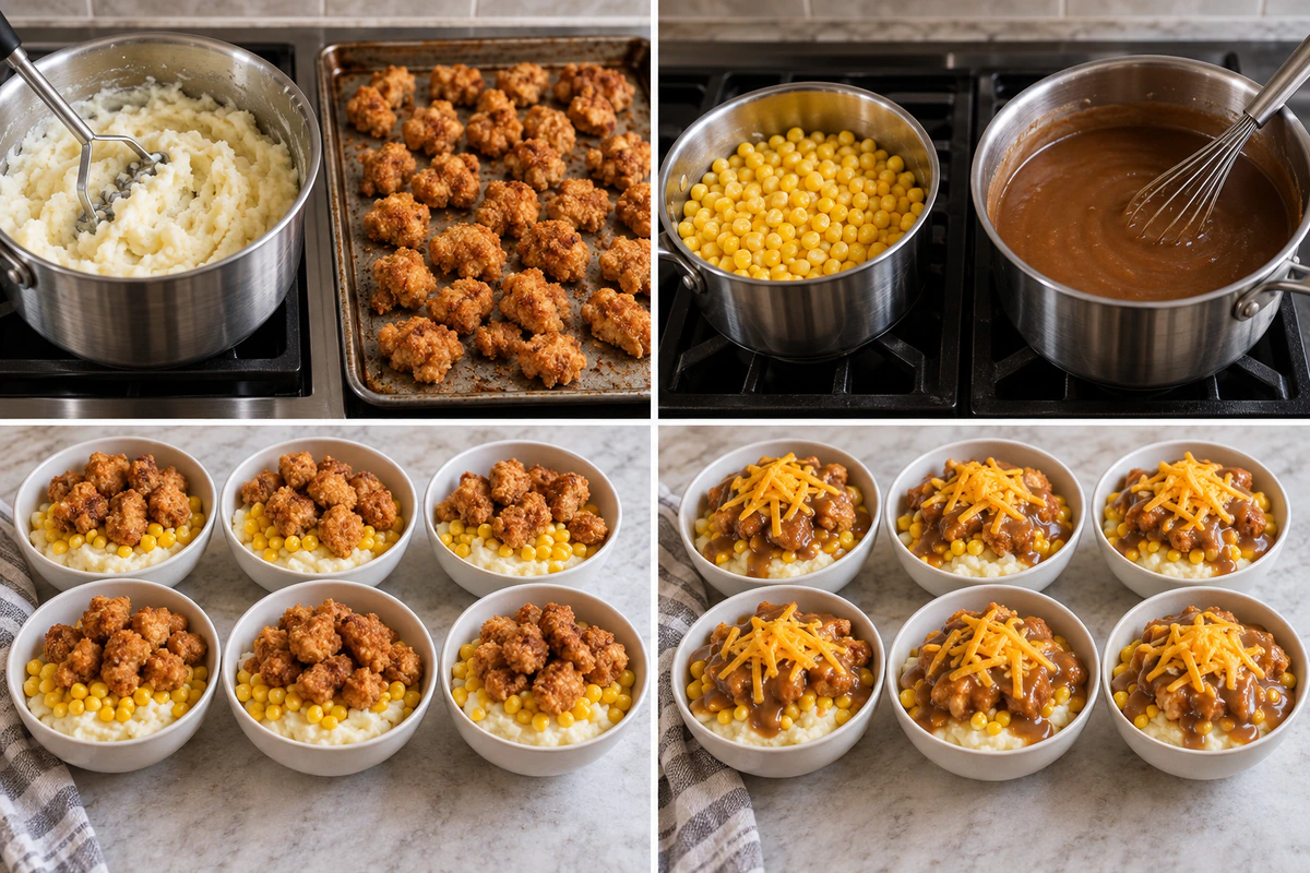 Four chronological preparation stages for Copycat KFC Bowls