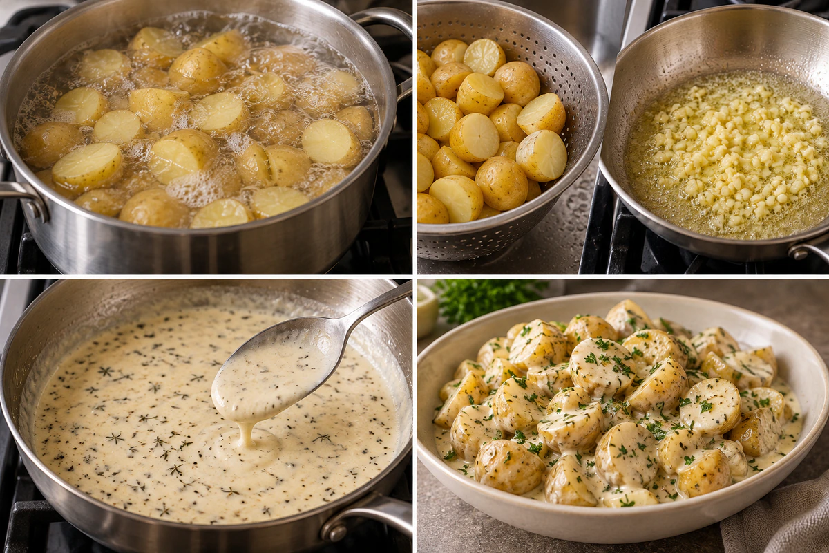 Four chronological preparation stages for Creamy Garlic Sauce Potatoes