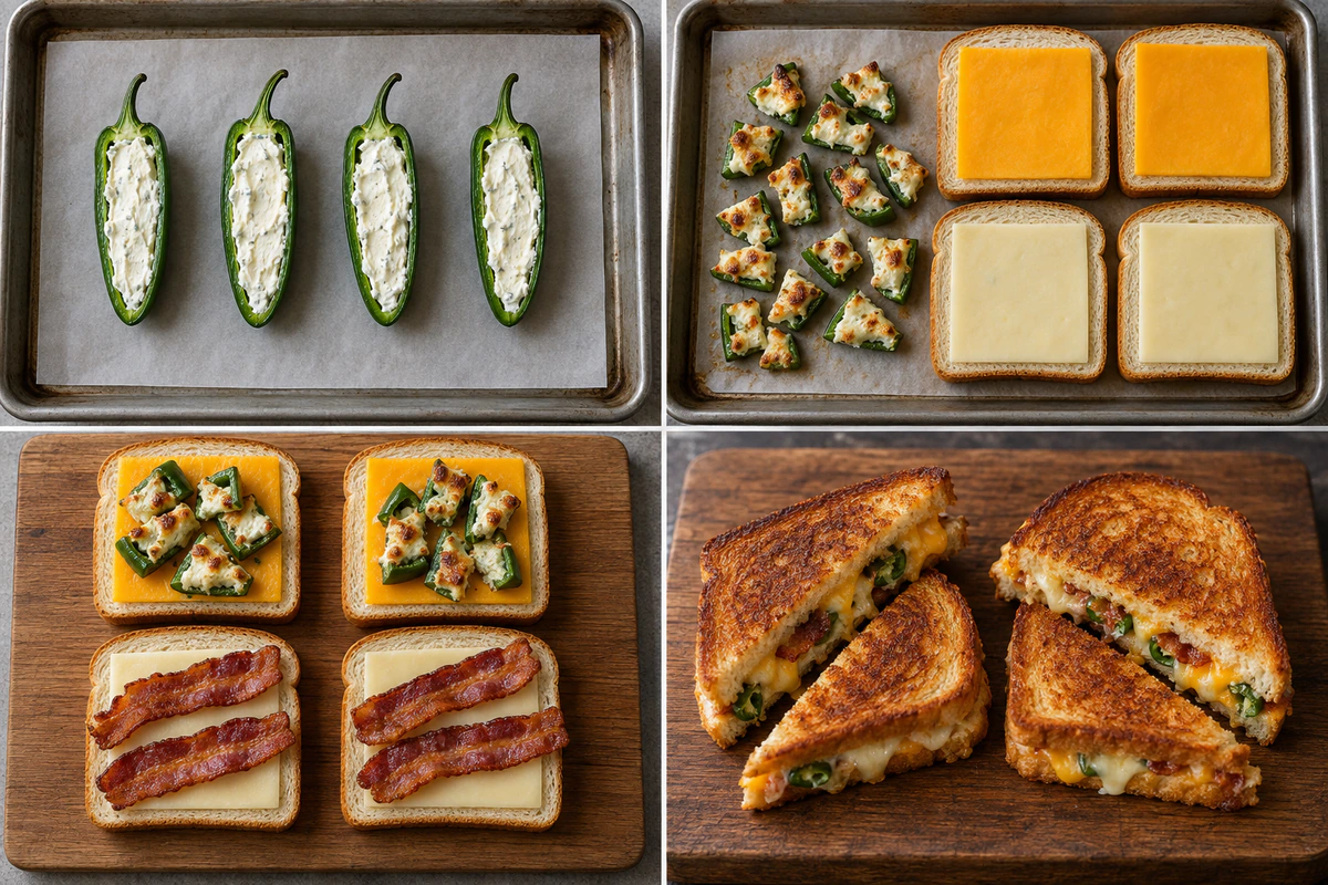 Four chronological preparation stages for Jalapeño Popper Grilled Cheese