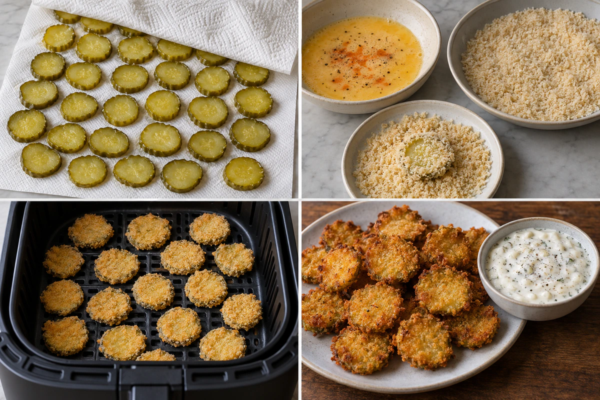 Four chronological preparation stages for Air Fryer Fried Pickles