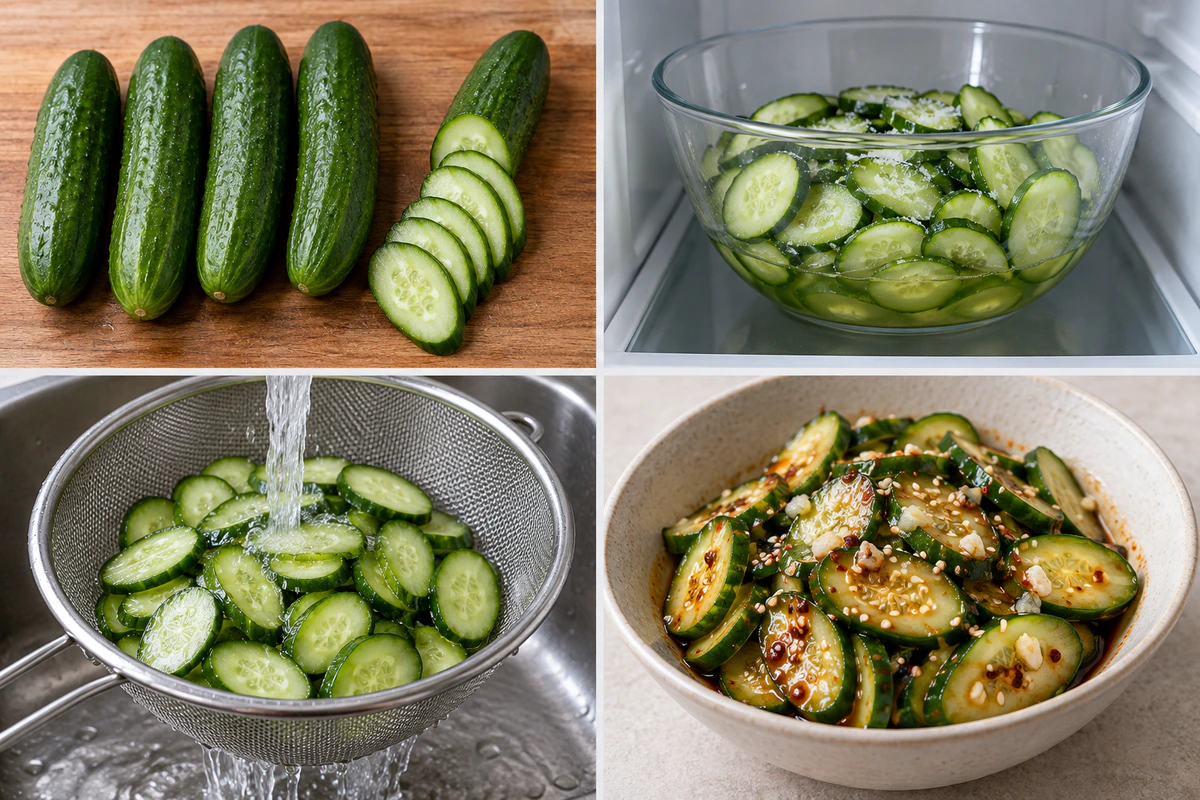 Four chronological preparation stages for Easy Asian Cucumber Salad