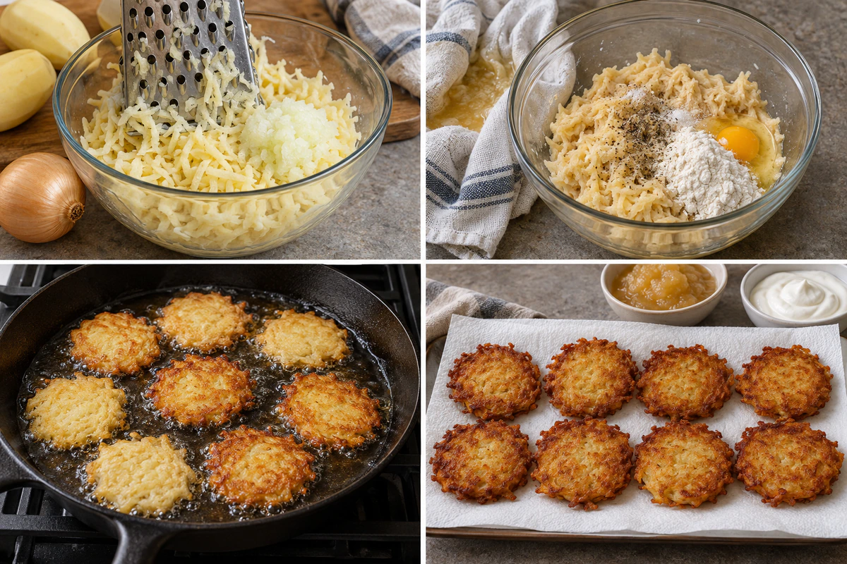 Four chronological preparation stages for German Potato Pancakes