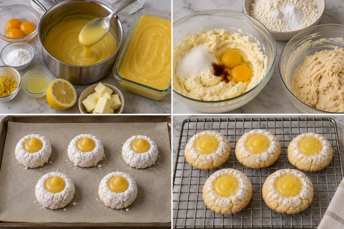 Four chronological preparation stages for Lemon Bar Butter Cookies