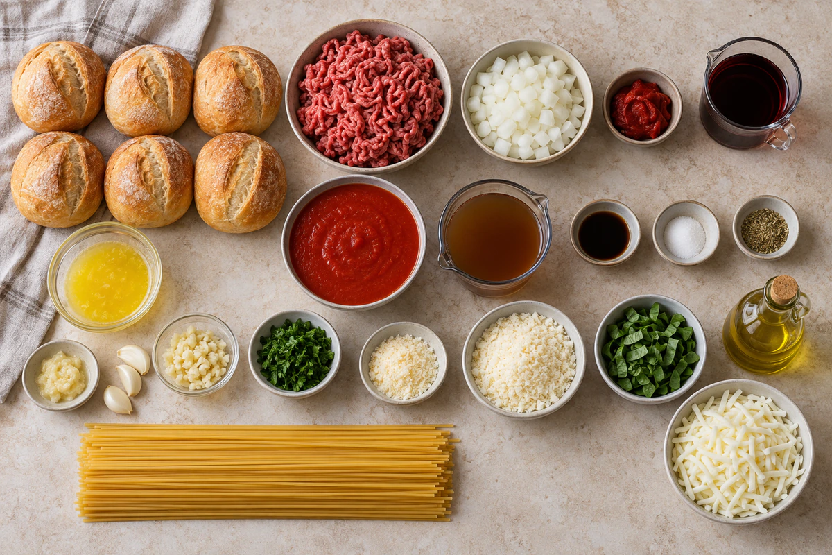 Exact measured ingredients for Spaghetti Garlic Bread Bowls