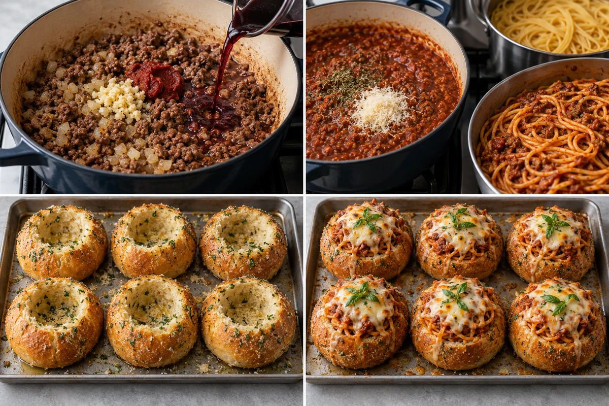 Four chronological preparation stages for Spaghetti Garlic Bread Bowls
