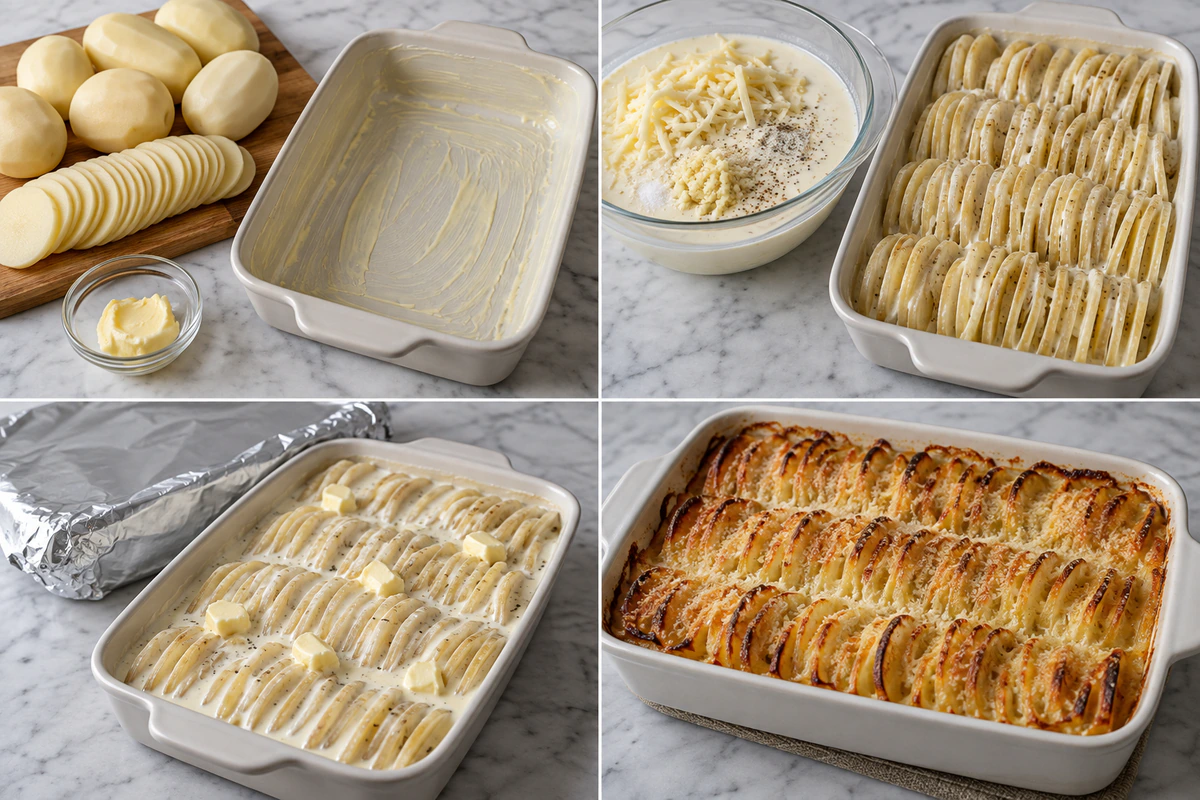Four chronological preparation stages for Potatoes Au Gratin