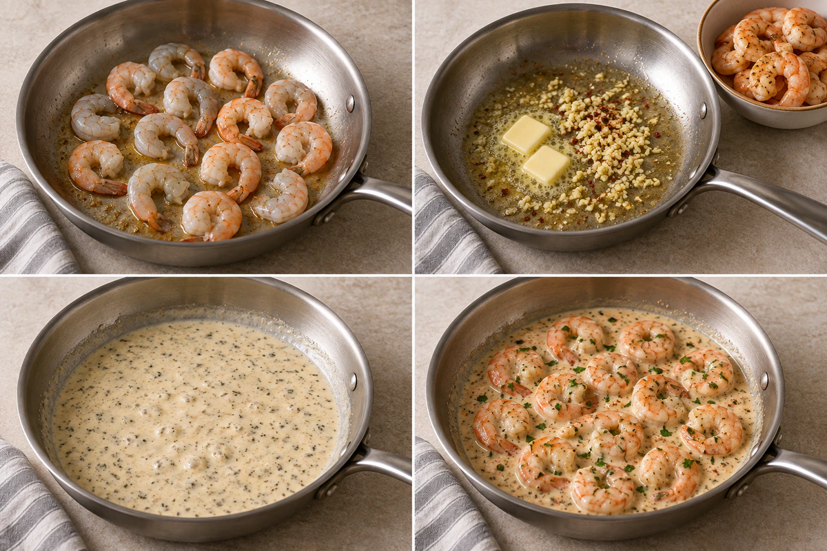 Four chronological preparation stages for Easy Creamy Garlic Shrimp