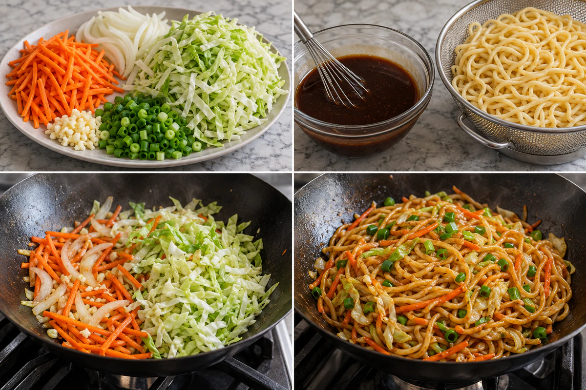 Four chronological preparation stages for Easy 15-Minute Lo Mein