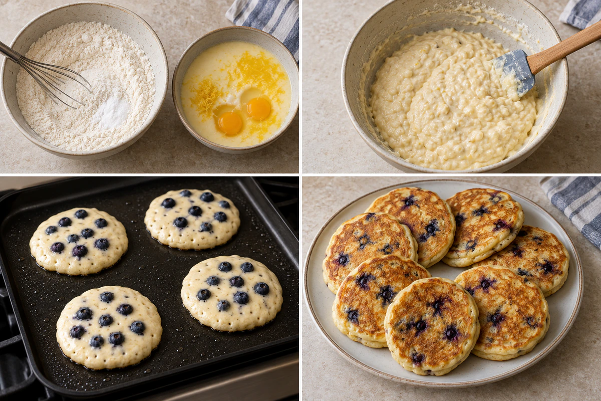 Four chronological preparation stages for Easy Lemon Blueberry Pancakes