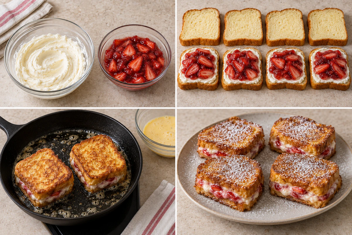 Four chronological preparation stages for Fried Strawberry Cheesecake Sandwiches