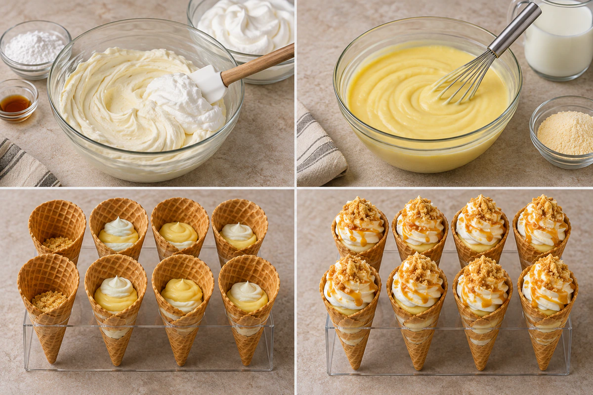 Four chronological preparation stages for Banana Pudding Cheesecake Cones