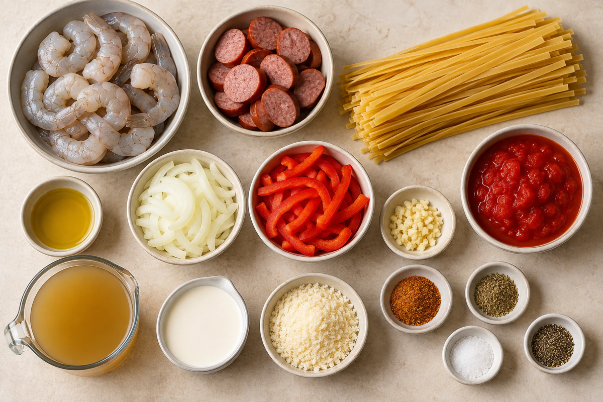Exact measured ingredients for Creamy Cajun Shrimp Pasta with Sausage