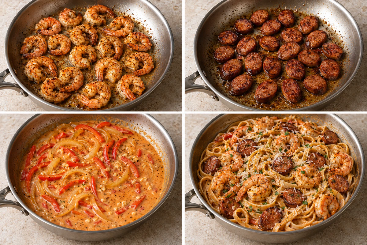 Four chronological preparation stages for Creamy Cajun Shrimp Pasta with Sausage