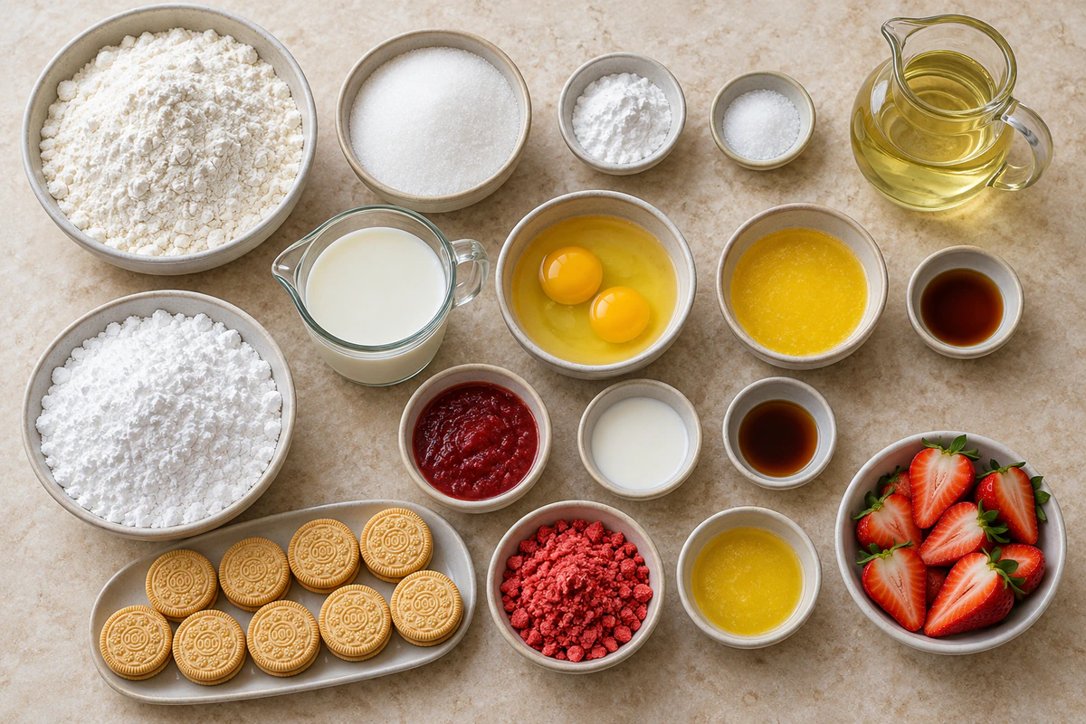 Exact measured ingredients for Freshly Glazed Strawberry Crunch Donuts