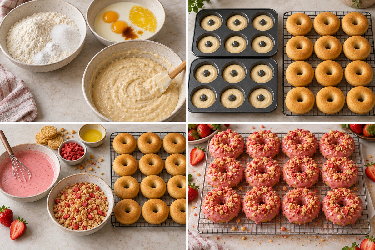 Four chronological preparation stages for Freshly Glazed Strawberry Crunch Donuts