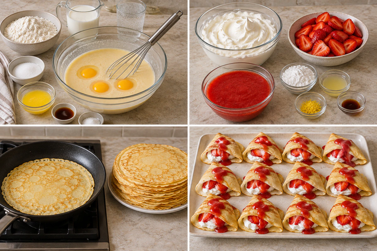 Four chronological preparation stages for Strawberry Crepes