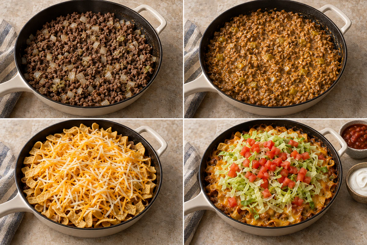 Four chronological preparation stages for Walking Taco Casserole