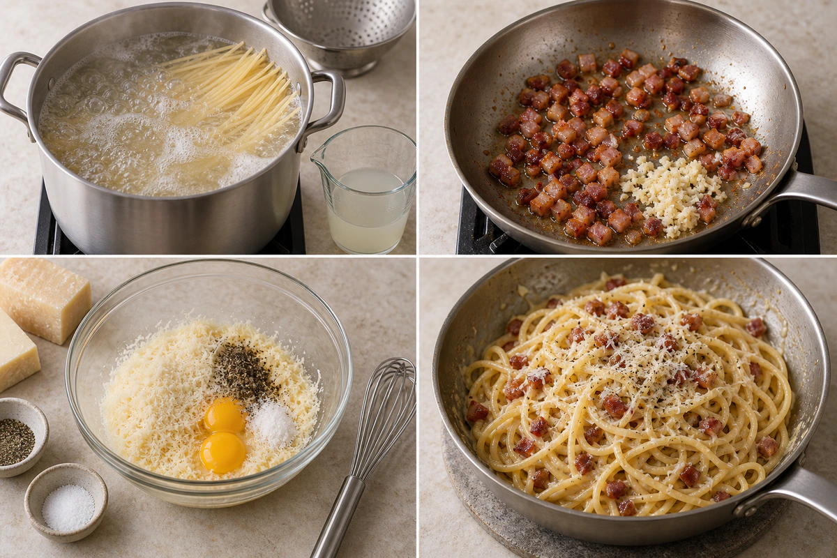 Four chronological preparation stages for Carbonara Pasta