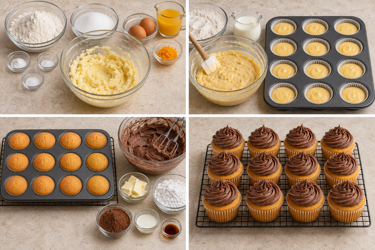 Four chronological preparation stages for Orange Chocolate Cupcakes